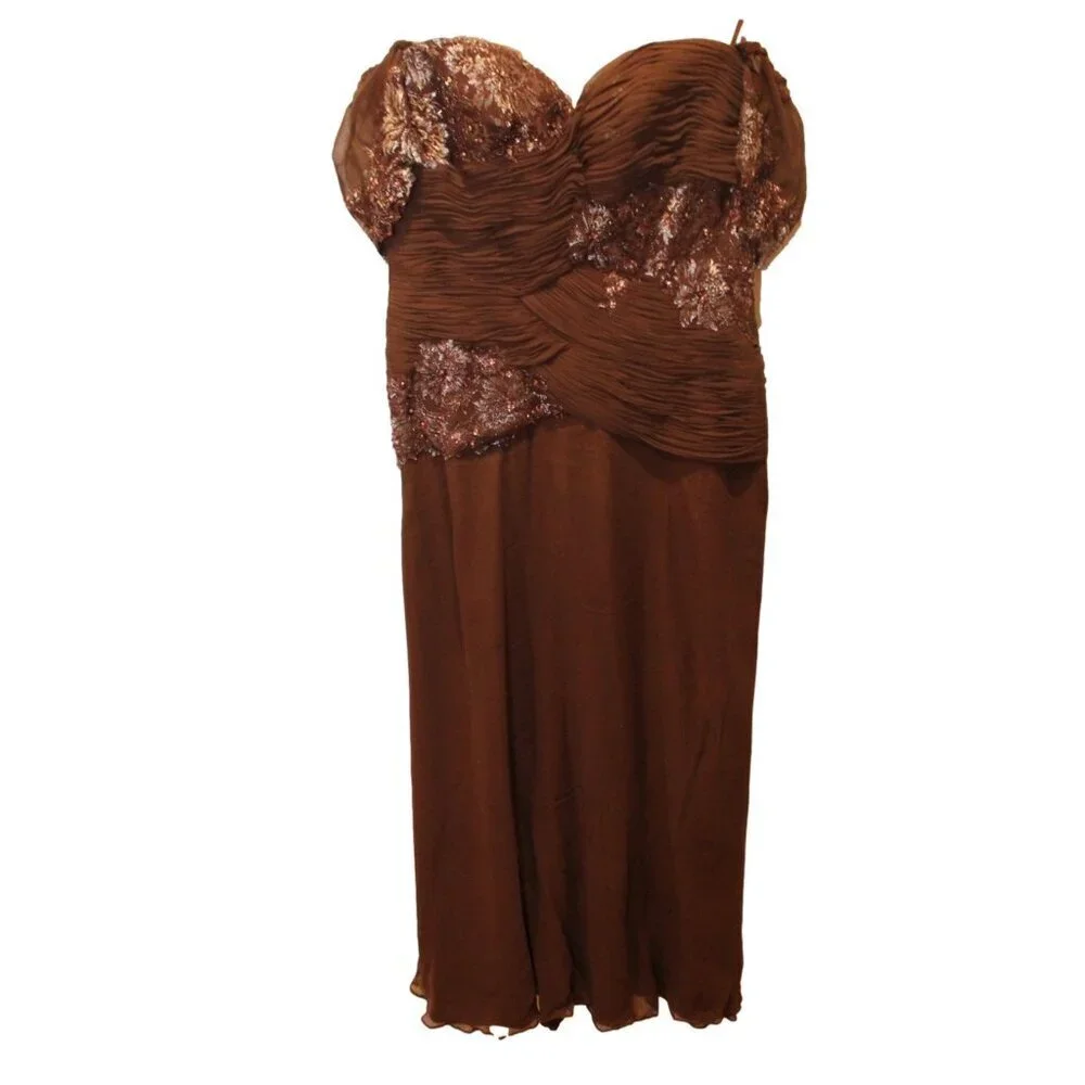 Jovani New York Strapless Beaded Ruched Chiffon Evening Gown 16 Chocolate Brown - Picture 4 of 6